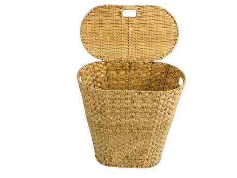 Artisanal Oval PE Resin Laundry Hamper with 2x2 Weave, Hinged Lid, and Cut-out Handles